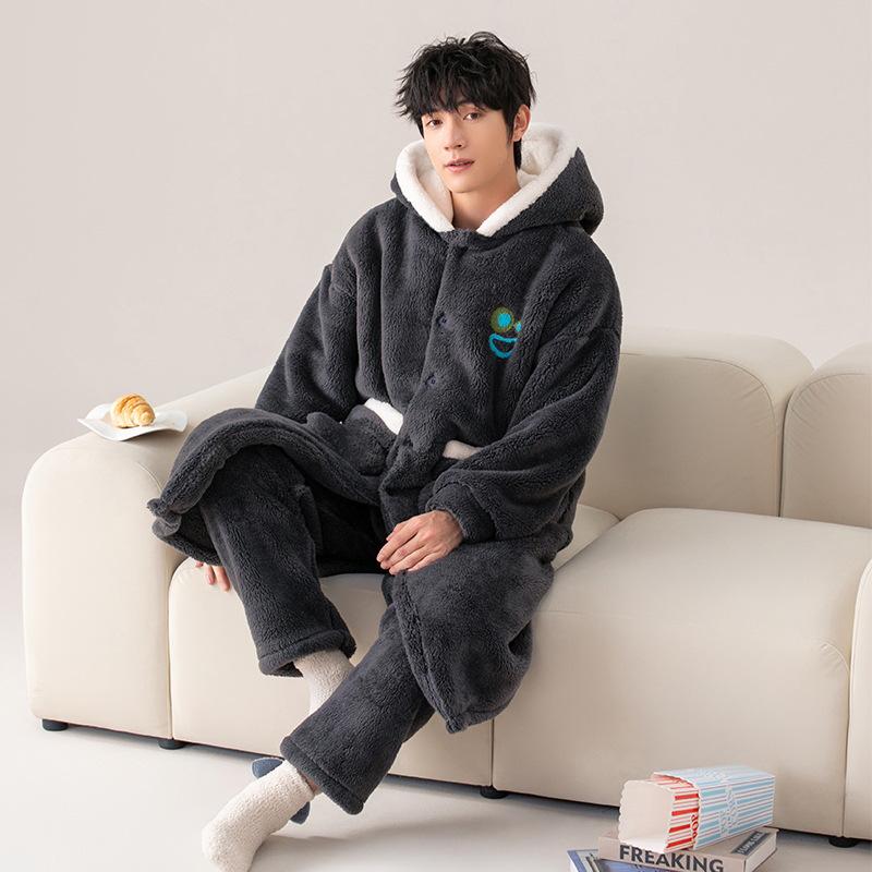 Men's Thick Flannel Fleece Pajama and Bathrobe Set - Autumn/Winter Homewear