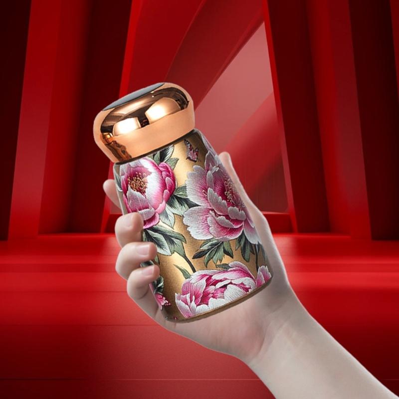 Mini Drink Tumblers with Lid Temperature Display, Stainless Steel Insulated Water Bottle, Decorative Florals Print Finish Vacuum Flask Gift