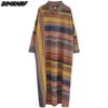 Dimanaf Autumn Winter Long Sleeve Dress Oversize Turtleneck Striped Cotton Thick Vintage Lady Loose Maxi Dress Women Clothing
