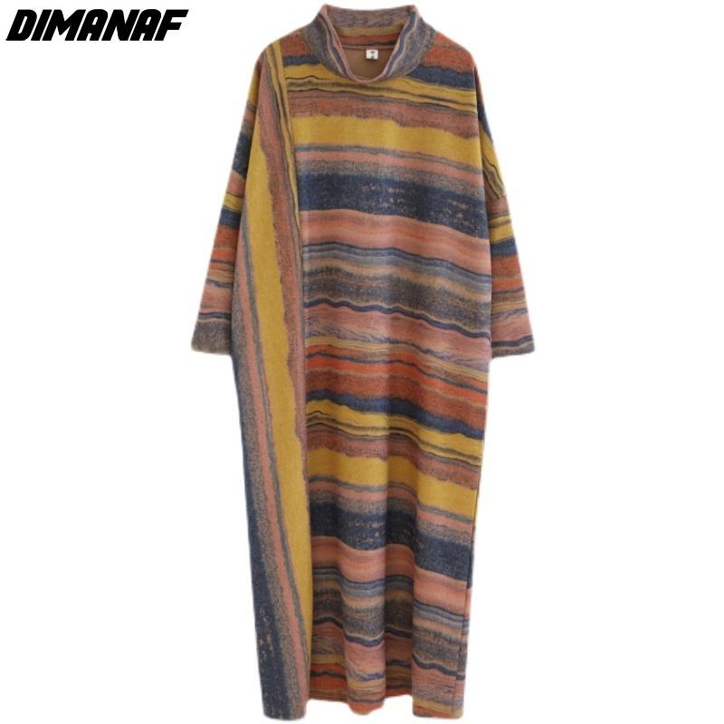Dimanaf Autumn Winter Long Sleeve Dress Oversize Turtleneck Striped Cotton Thick Vintage Lady Loose Maxi Dress Women Clothing