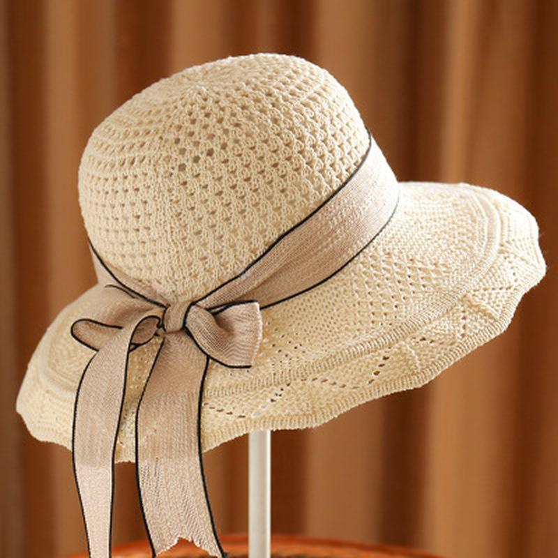 Fashion Women Sun Hats Straw Hat Female Ribbon Bow-knot Wide Brim Beach Hat Casual Summer Shade Cap