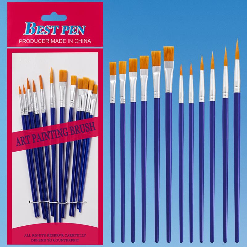 12-Piece Plastic Handle Brush Set for Oil, Watercolor, and Gouache Painting