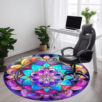 1pc Stained Glass Mandala Chair Carpet for Office, Round Polyester Mat, Indoor Decor for Office, Easycare Fabric, Washable Non-slip Area Carpet