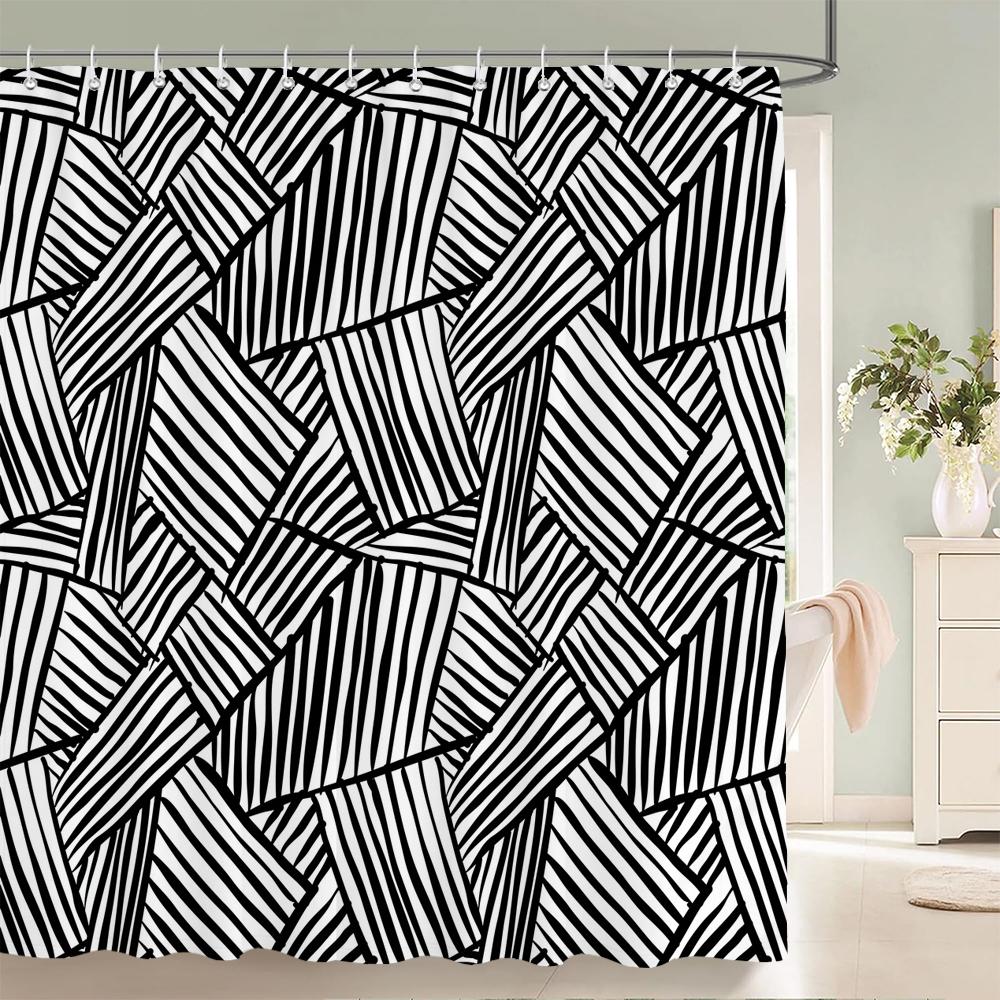 

1 Pc Black White Geometric Print Polyester Shower Curtain Waterproof Fabric Partition Bathroom Curtain ,Decoration Bath Curtain W60H190(CM)-1 Pcs