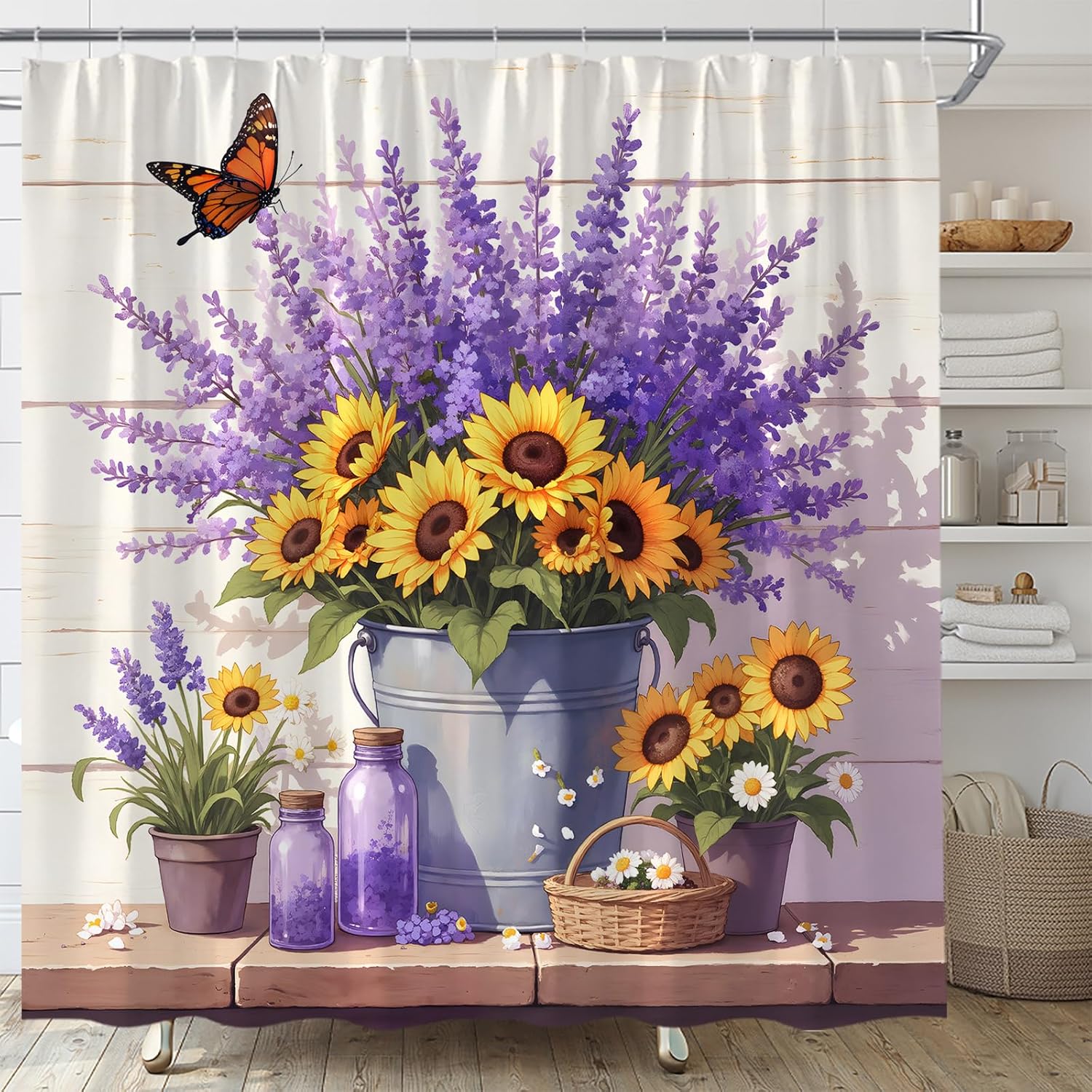 

Farmhouse Floral Shower Curtain Lavender Sunflower Purple Yellow Flower Butterfly Rustic Wooden Board Fabric Bathroom Curtain 90x180CM