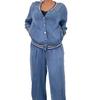 Women's Light Blue Cardigan and Wide Leg Pants Set with Striped Trim