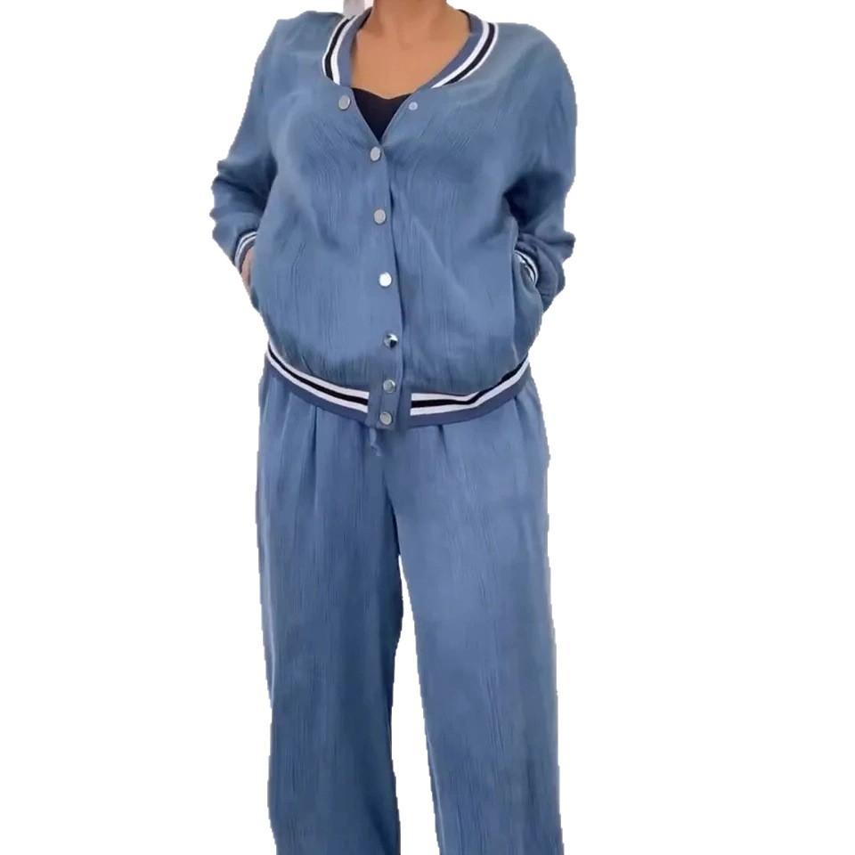Women's Light Blue Cardigan and Wide Leg Pants Set with Striped Trim