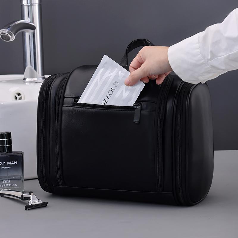 PU Leather Toiletry Washing Tool Storage Bag with Hook Portable Cosmetic Bag Wet and Dry Separation Travel Makeup Pouch