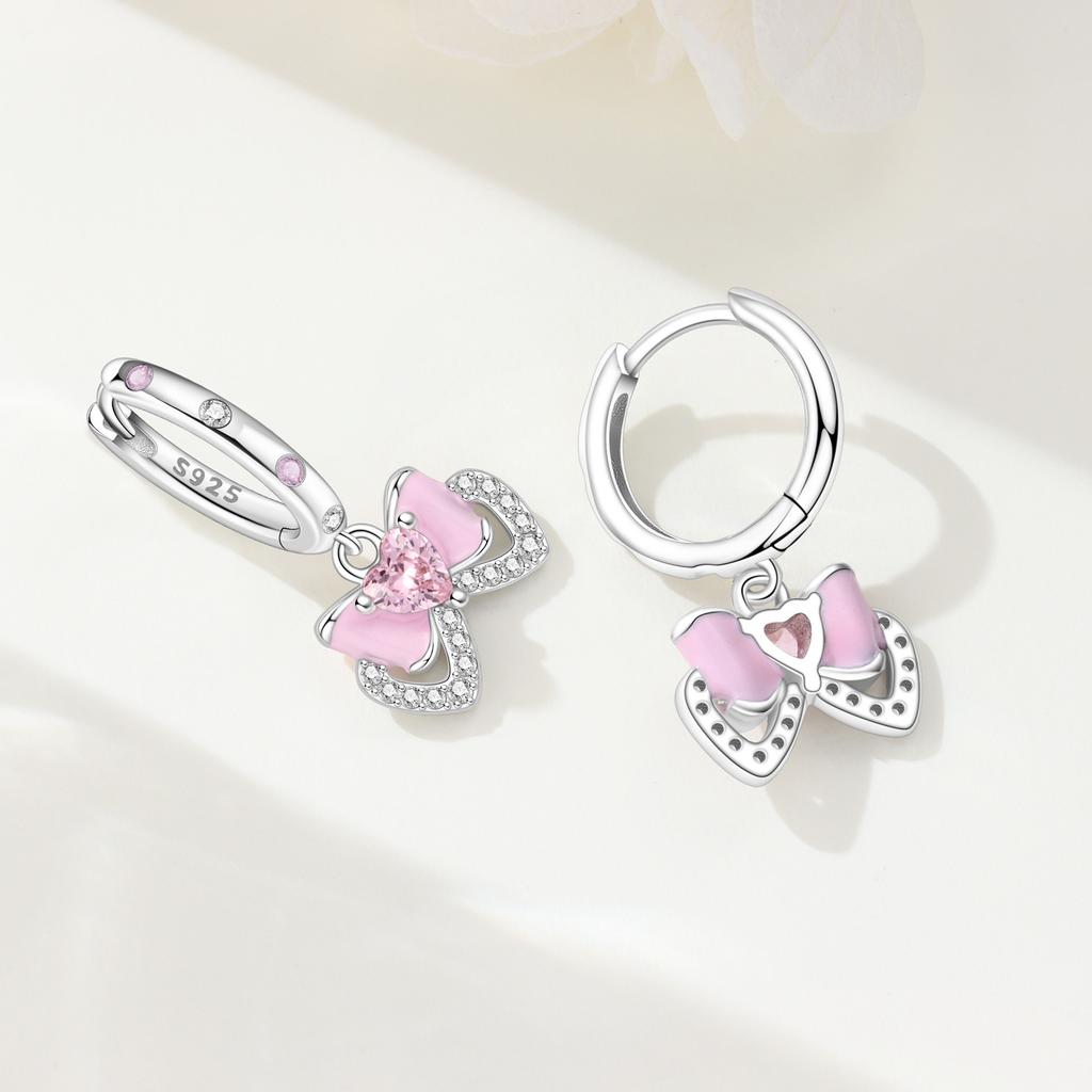 925 Sterling Silver Sweet Pink Bow Drop Earrings Women Earrings Charm Fashion Versatile Party Jewelry Gifts