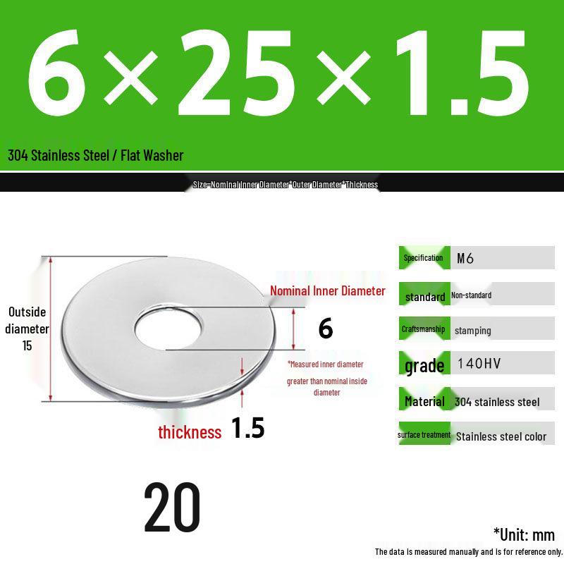 304 Stainless Steel Thickened Flat Washer Set, Sizes 2-36