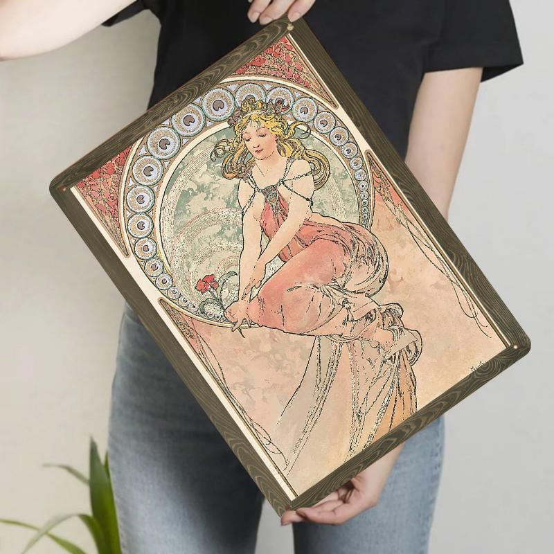 Alphonse Mucha Art Nouveau Metal Wall Decor Lady with Roses Vintage Home Decoration 20x30cm(7.8x11.8inch)