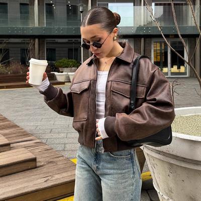 Damen Pilotenjacke aus Kunstleder mit übergroßen Taschen Streetwear Kurzer Mantel