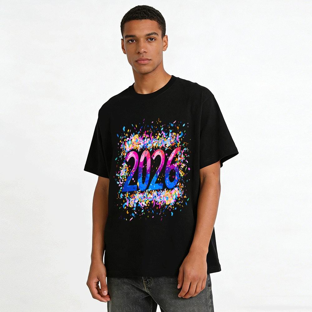 Vibrant 2026 New Year Print Casual Top For Men And Women Pure cotton T-shirt