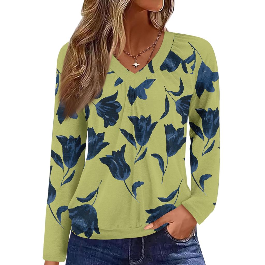 Damen Casual Mode V-Ausschnitt Raglan Plissee Floralprint Langarm Top