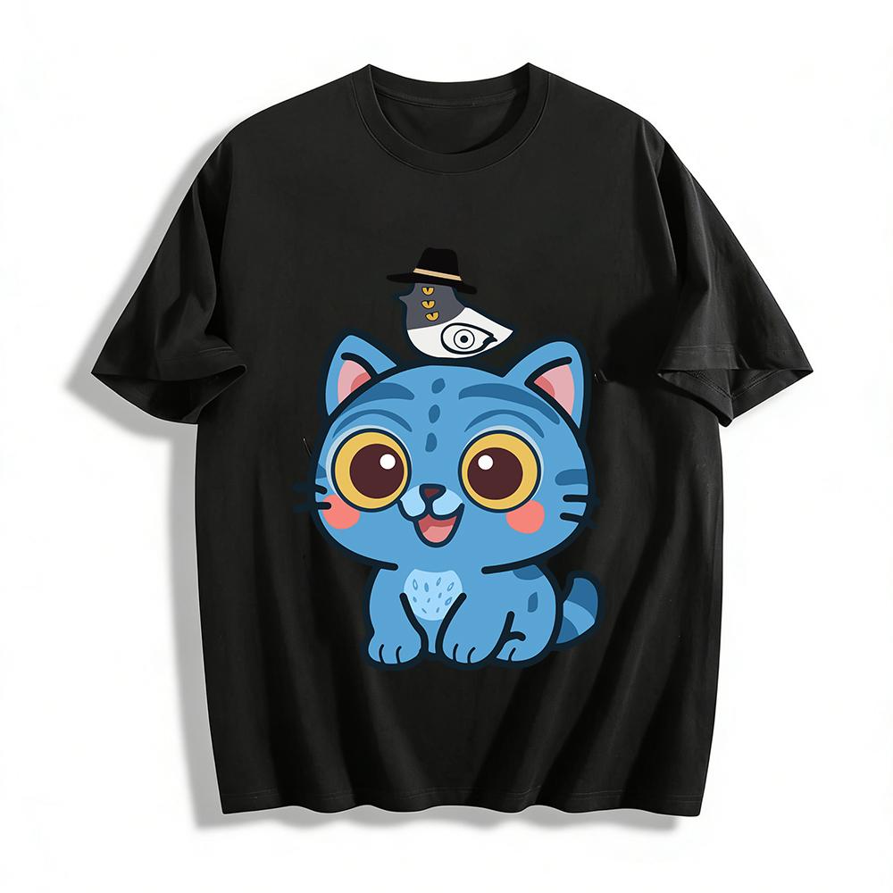 Funny Cat Print Kids Casual Top, Quirky Fish Cat Pattern Loose Comfortable Daily T-Shirt For Boys Girls Pure cotton T-shirt