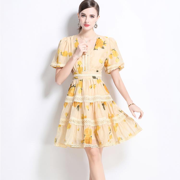 

Летние женские квадратные воротниковые принты шикарные кружевные пэчворк вечерние короткие платья XXL жёлтый