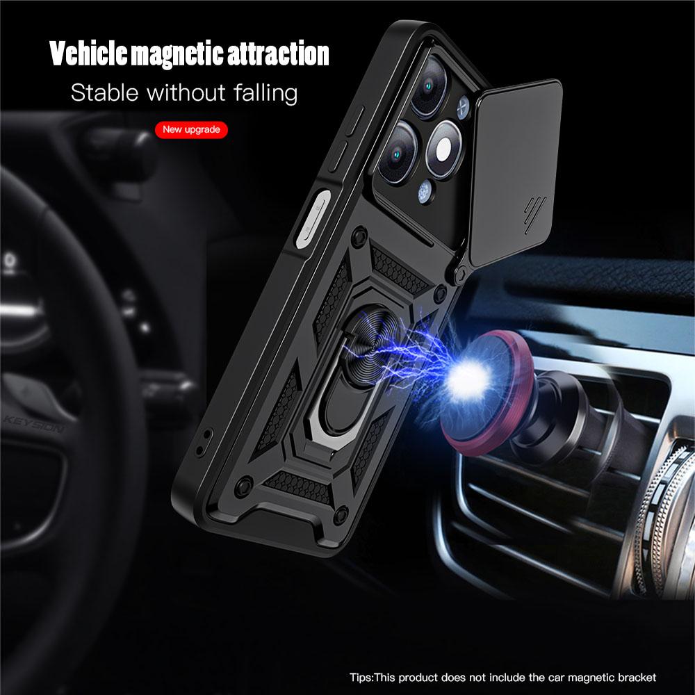 KEYSION Shockproof Armor Case for Itel A90 4G Silicone+PC Slide Camera Lens Protection Ring Stand Phone Back Cover for Itel A90