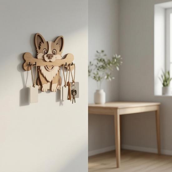 Portachiavi in Legno da Parete, Gancio per Ingresso a Forma di Cane che Tiene un Osso per Casa, Cucina, Corridoio, Organizer Rustico per Chiavi, Guinzaglio per Cani