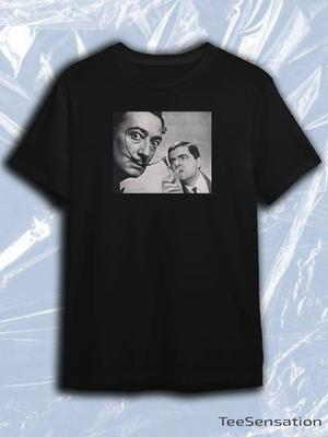 TeeSensation Schwarzes Rundhals-Kurzarm-T-Shirt mit Schwarz-Weißem Dali und Mr. Bohnen-Fotodruck
