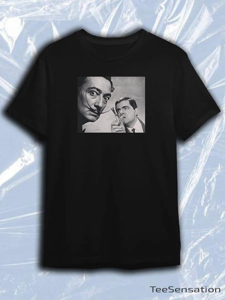 TeeSensation Black Crew Neck Short Sleeve T-Shirt with Black and White Dali and Mr. Bean Photo Print