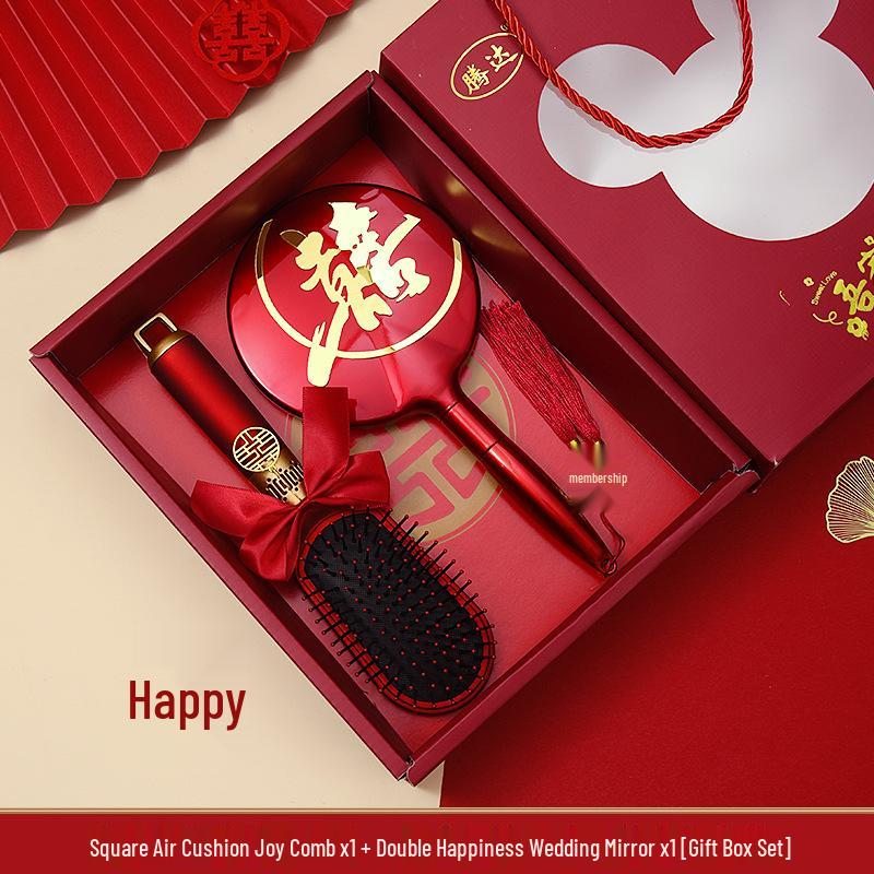 Red Wedding Comb & Cushion Set: Bridal Dowry Gift Box with Mirror