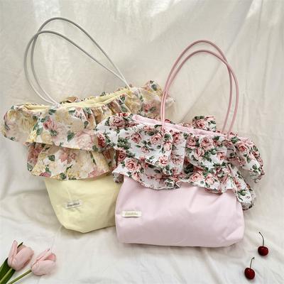 423 New Retro Rose Floral Splicing Shoulder Bag Women's Ruffle Edge Large-capacity Portable Underarm Bag