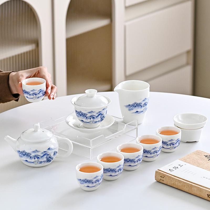 Tee-Set aus Speckstein-Jade für den Haushalt, hochwertiges Dehua-Weißporzellan, Keramik-Teekanne, Deckelschale, Teetasse, Keramik, hochwertig, Kung-Fu-Tee