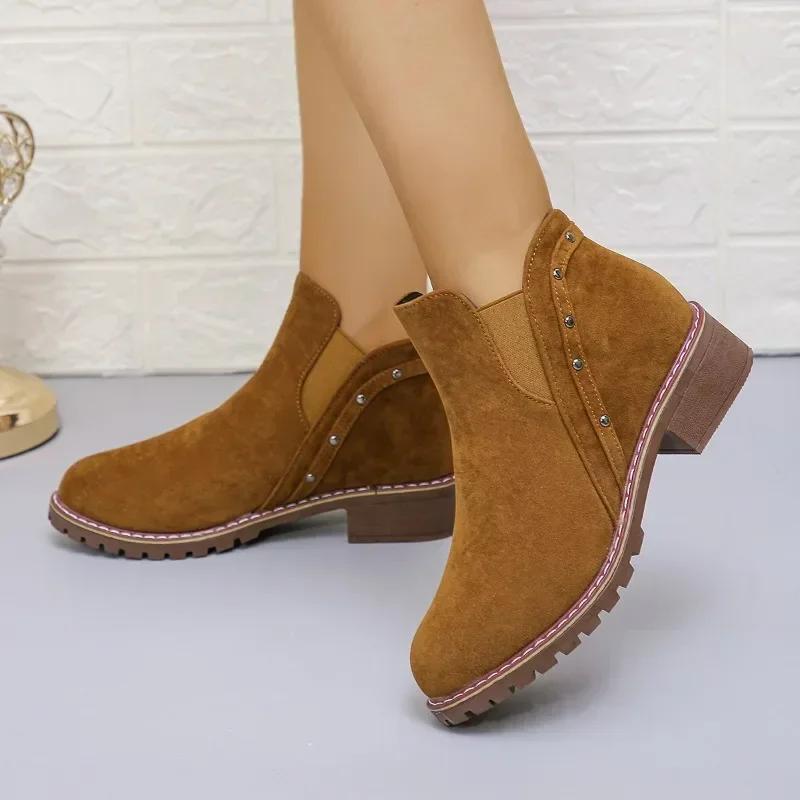 fashion Ladies Shoes 2024 Fashion Slip on Women's Boots Autumn Round Toe Solid Flock Short Barrel Chunky Heels Large Size Roman Boots