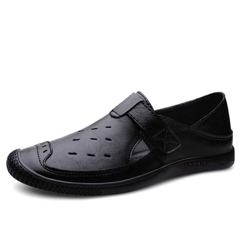 

Повседневная обувь из натуральной кожи для мужчин, новые модные мужские мокасины, мягкие сандалии, дышащие туфли-лодочки, универсальные туфли с отверстиями для мужчин 45 чёрный