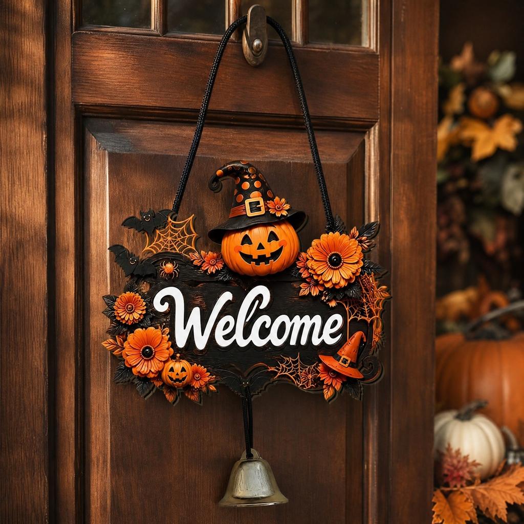 Halloween Wooden Door Hanger with and Bell for Party Wall Decor
