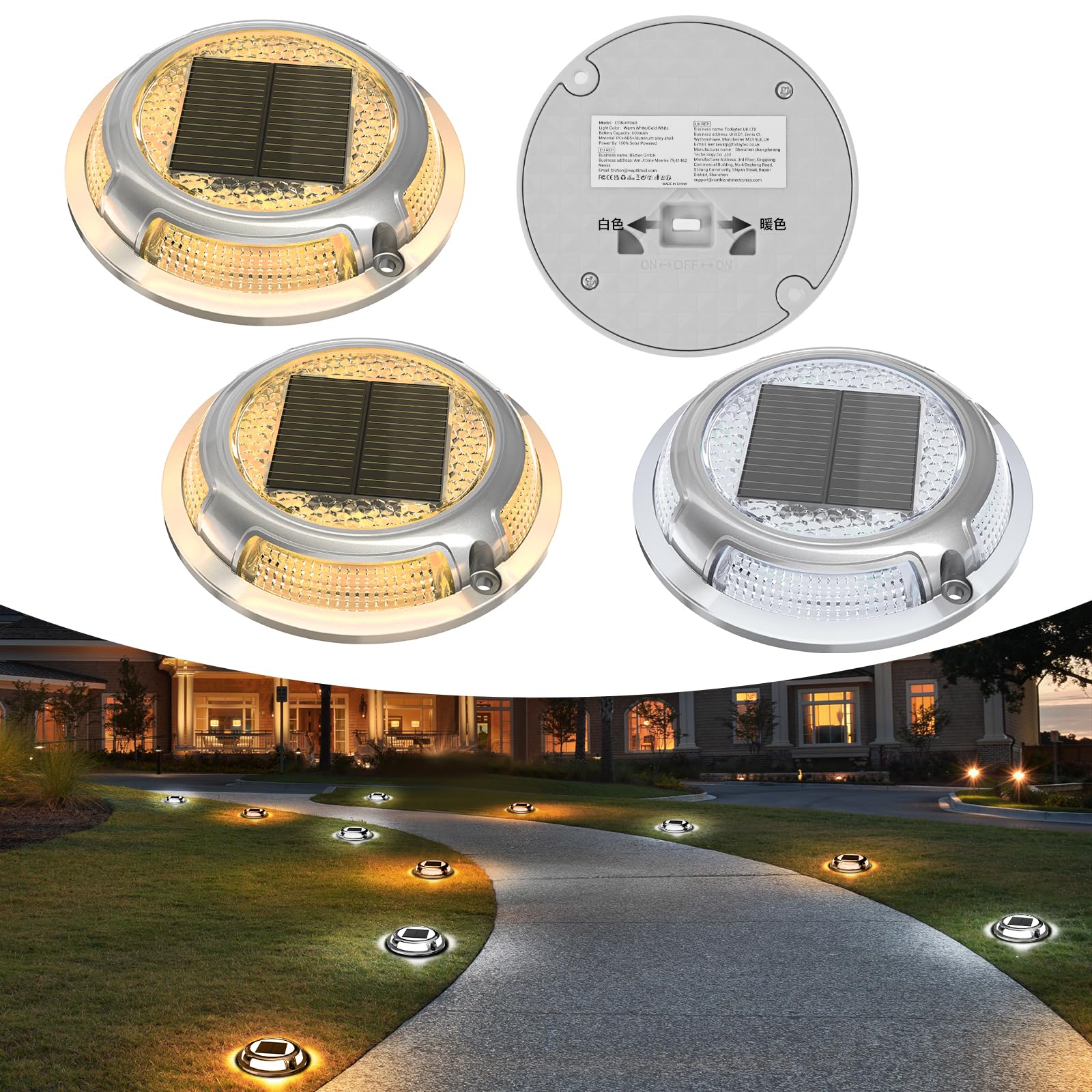 

Quntis Solar Deck Lights for Outdoor Use, Dual Color Modes, Visible up to 500m Away, IP68 Waterproof, Solar Driveway Lights for Stairs, Walkways, and