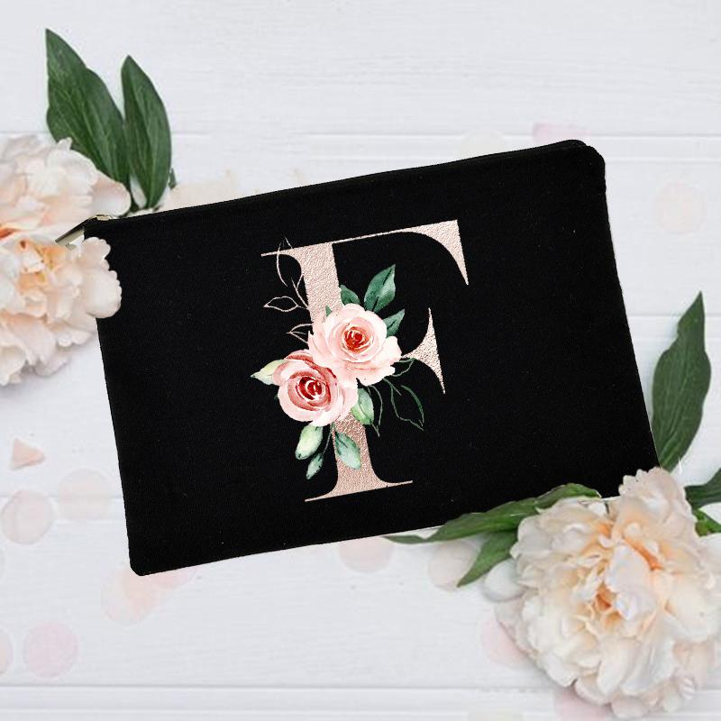 Borsa per il trucco floreale con alfabeto, damigella d'onore, damigella d'onore, festa, matrimonio, addio al nubilato, regalo, in tela, con cerniera, per cosmetici