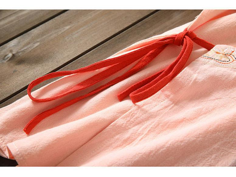 Women's Embroidered Loose Cotton Linen Blouse Cardigan - Tie-Up Spring/Summer Top