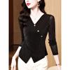 Base Shirt for Women Mesh Long Sleeve T-shirt Cross V-neck Top Bright Silk Fashionable Irregular Thin Shirt