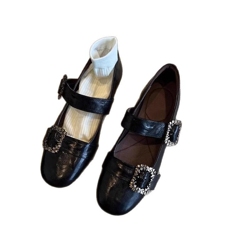 French retro metal one-word buckle shallow mouth Mary Jane women's shoes 2025 autumn new with skirt flat-soled small leather shoes