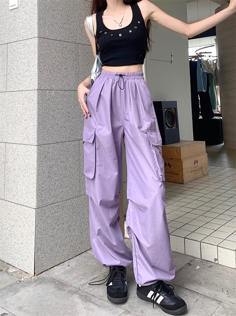 Women High Waist Wide Leg Cargo Pants Thin Drawstring Multi Pocket Loose Casual Outdoor Trousers