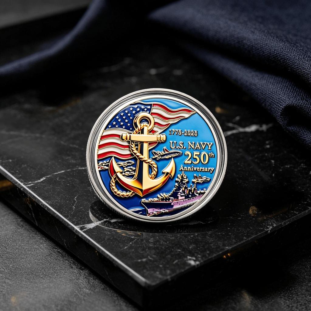 US Navy 250th Anniversary Metal Relief Coin & Badge Gift Set