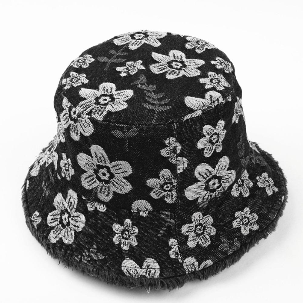 Flower Embroidered Denim Fisherman Hat Frayed Brim Sunscreen Sun Cap Cowboy Bucket Hats  Travel