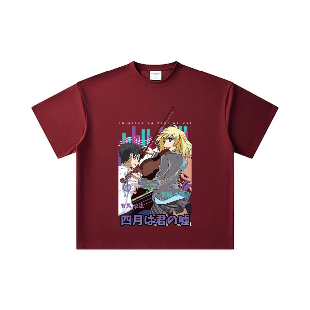 

260 GSM Double Yarn 32 Count 100% Cotton Your Lie in April V1 Print Unisex Heavy Cotton T Shirt 2XL вина червоного кольору