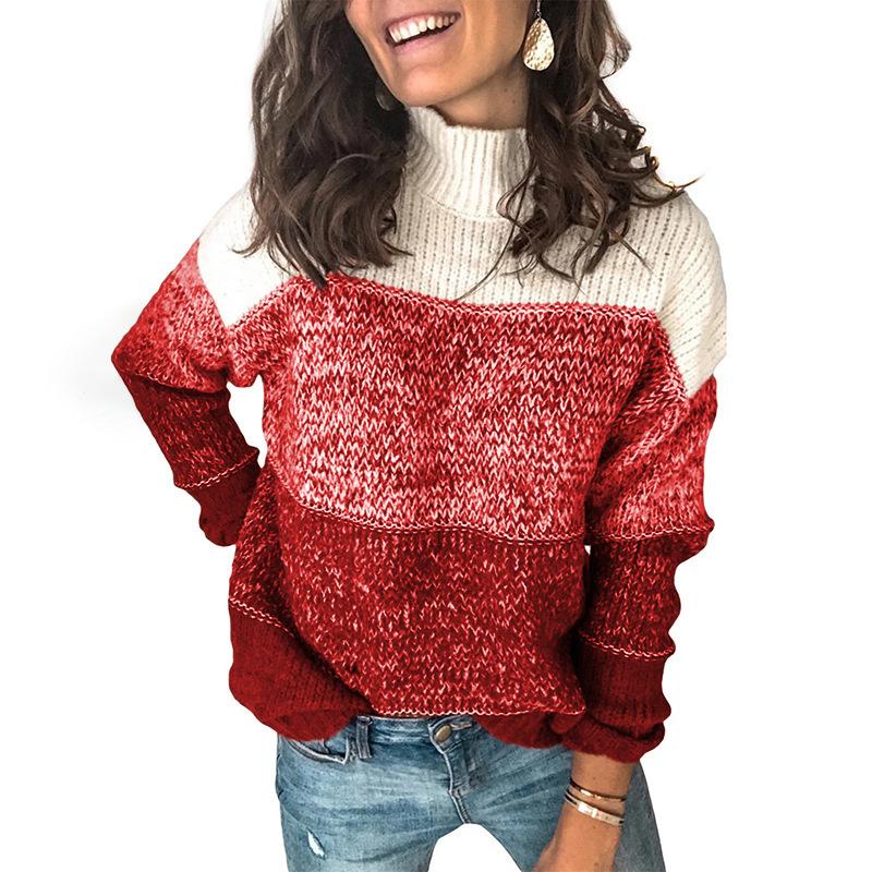 2026 Neuer Damen Colorblock Pullover, Gestreiftes High-Neck Strickoberteil, Langärmeliger Lässiger Pullover für Herbst Winter