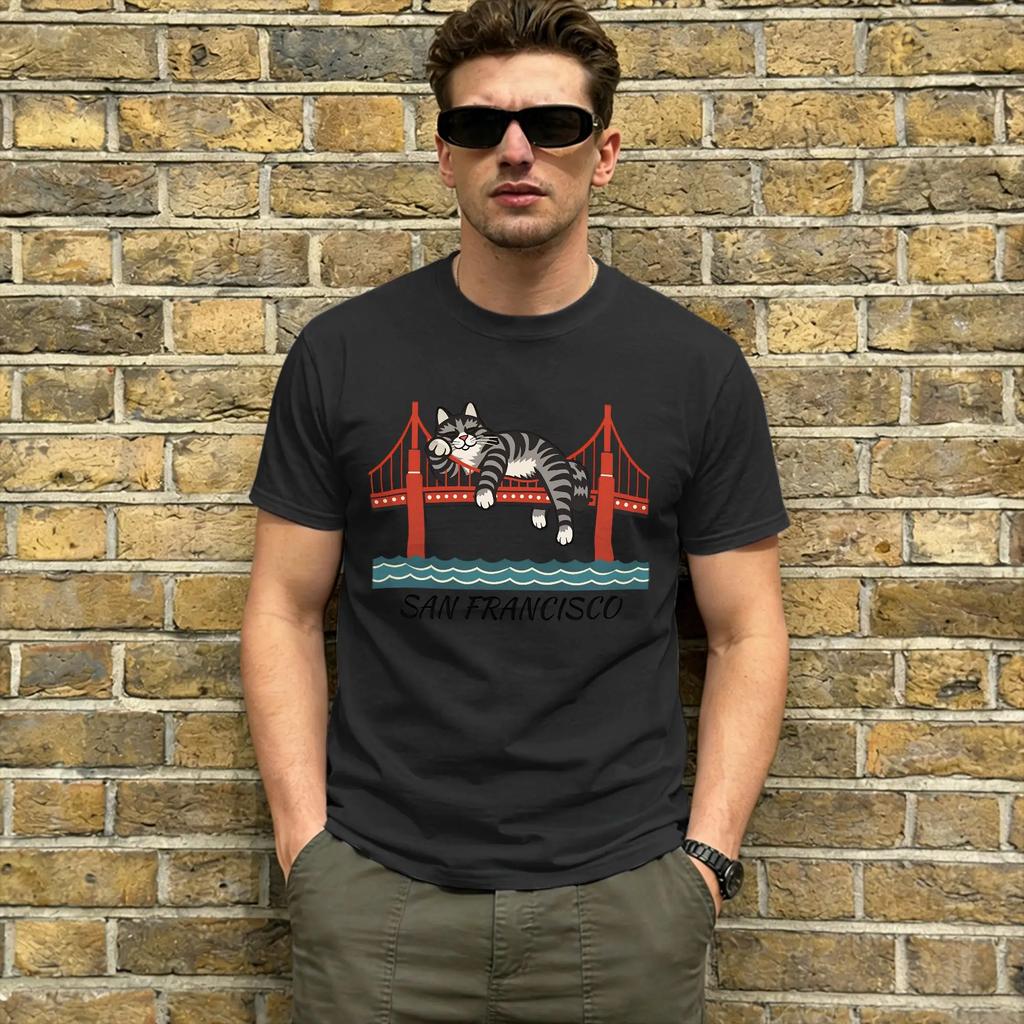 Ryan Gosling Cat San Francisco 100 Cotton T-Shirt For Man Summer  Street Style T-Shirts Crewneck Leisure Tees Casual Tops