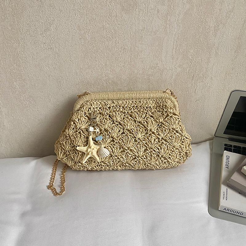 Yogodlns Women Straw Shoulder Bag Chain Strap Woven Crossbody Bags Large Capacity Cloud Clutch Purse Stylish Solid Color Beach Handbags