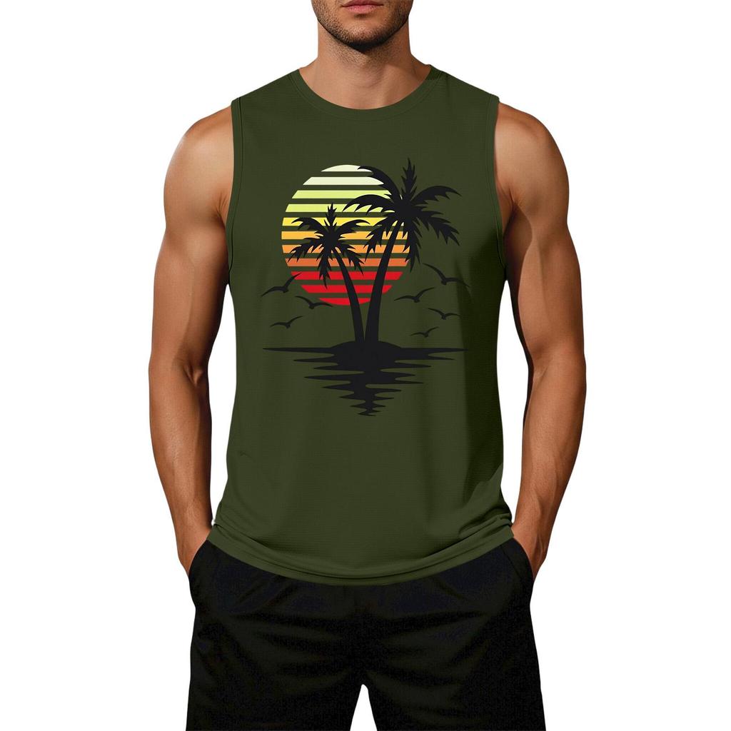 Men's Loose Fit Casual Sleeveless Tank Top Palm Tree Graphic Print Summer Beachwear Muscle Shirt