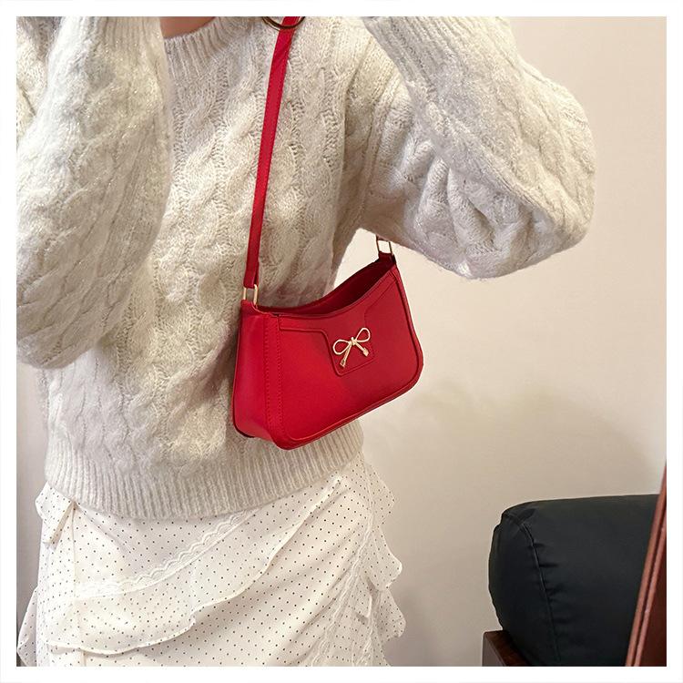 Women's Faux Leather Bowknot Shoulder Bag, Zipper Closure Simple Commuter Crossbody Purse, Ins Style Fashion Handbag