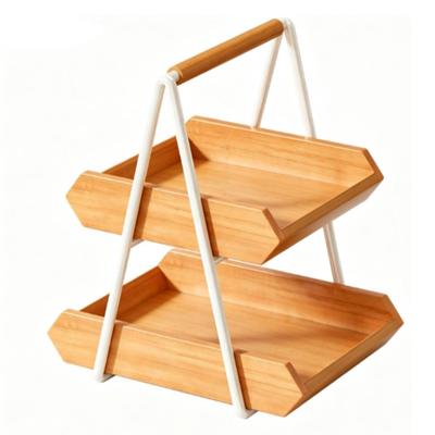 Two-Tier Fruit and Snack Organizer Long-Lasting Wooden Tiered Tray with Handle