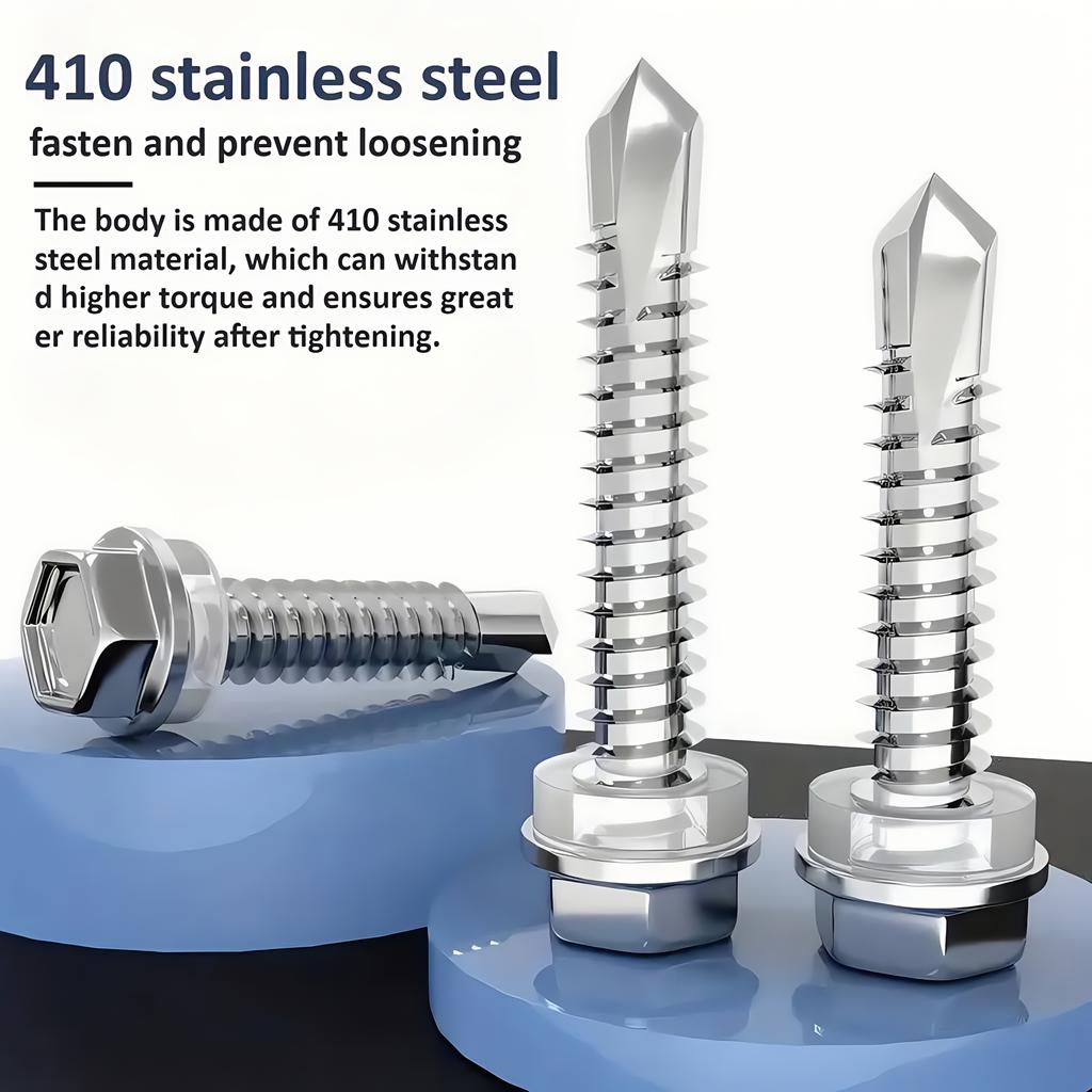 100pcs 410 Stainless Steel Magnetic Hex Washer Head TEK Self-Tapping Screws with Free Sockets - 5mm Coarse Thread, Full Thread R