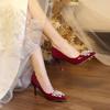 Fashion Wedding Shoes Women's 2025 Main Wedding Dress  High Heels Burgundy Xiuhe Bridal Shoes Mid Heel  Single Shoes