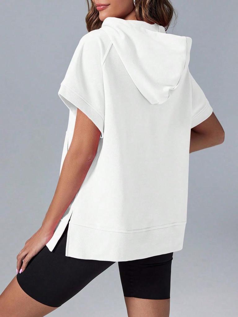 Women's Oversized Half Zip Hoodie Short Sleeve Pullover Sweatshirt Top with Pockets
