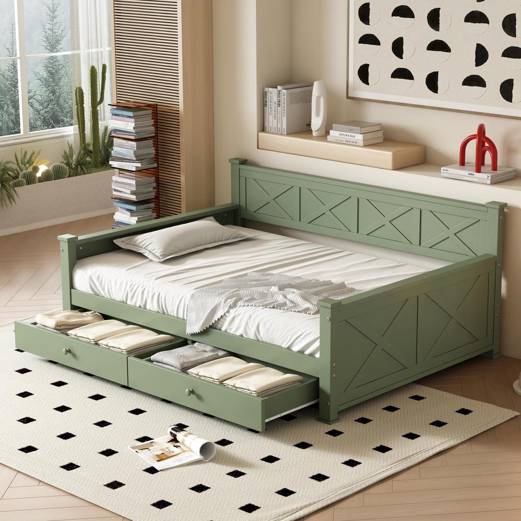 Schlafsofa Flieks 90x200 Tagesbett mit Stauraum, Funktionsbett mit 2 Schubladen, Grün