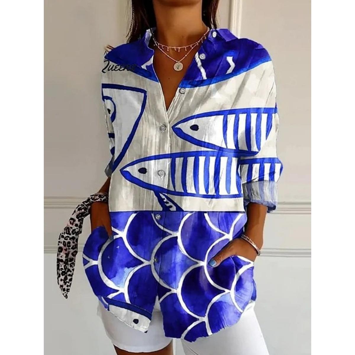 

Жіноча, Повсякденна, З довгим рукавом, Сорочка на ґудзиках, Квітковий принт, Можна прати в машині, Повсякденний, Вільний крій 5XL